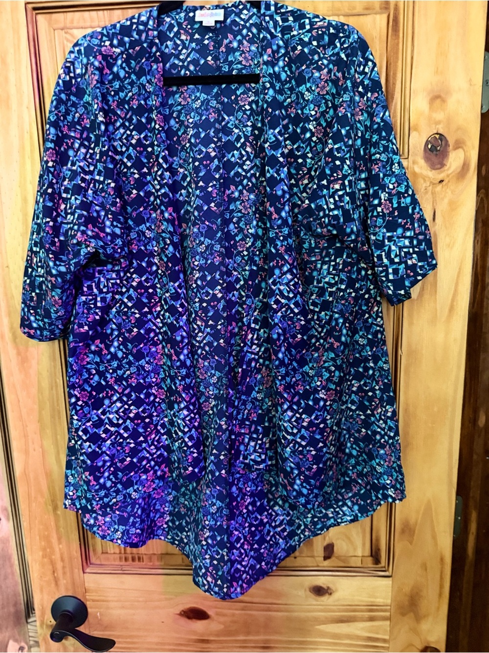 LuLaRoe Navy Teal & Pink Open-Front Kimono